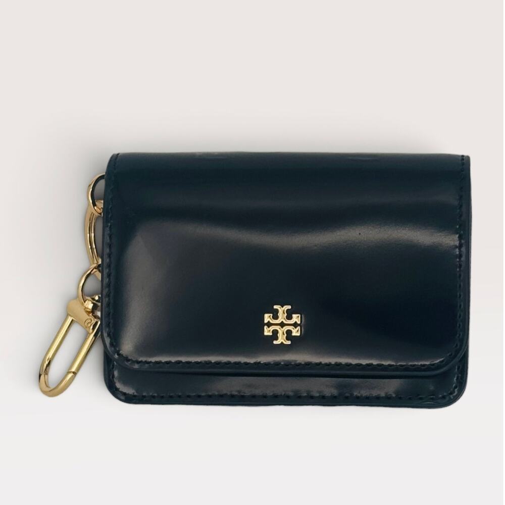 $175 Tory Burch Flap Card Case Wallet Black Patent Leather Gold Key Chain